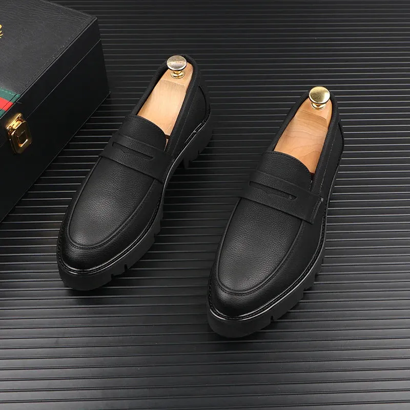 Black Solid Leather Slip-On Loafers