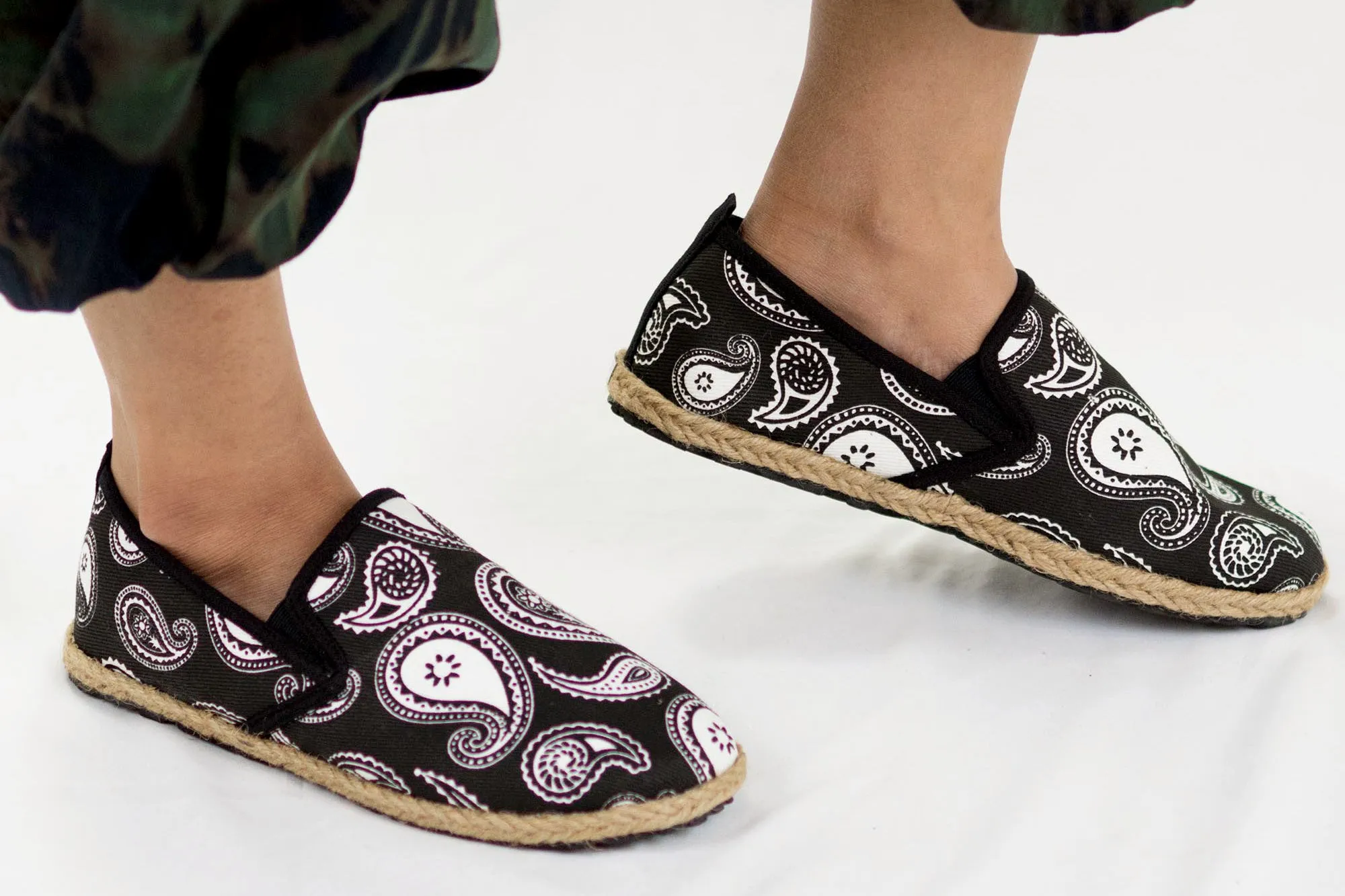 Black White Paisley Print Slip On Shoes