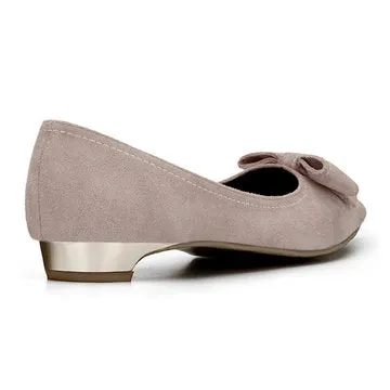 Cheap Nude Bowknot Pointed Toe Suede Flat Shoes