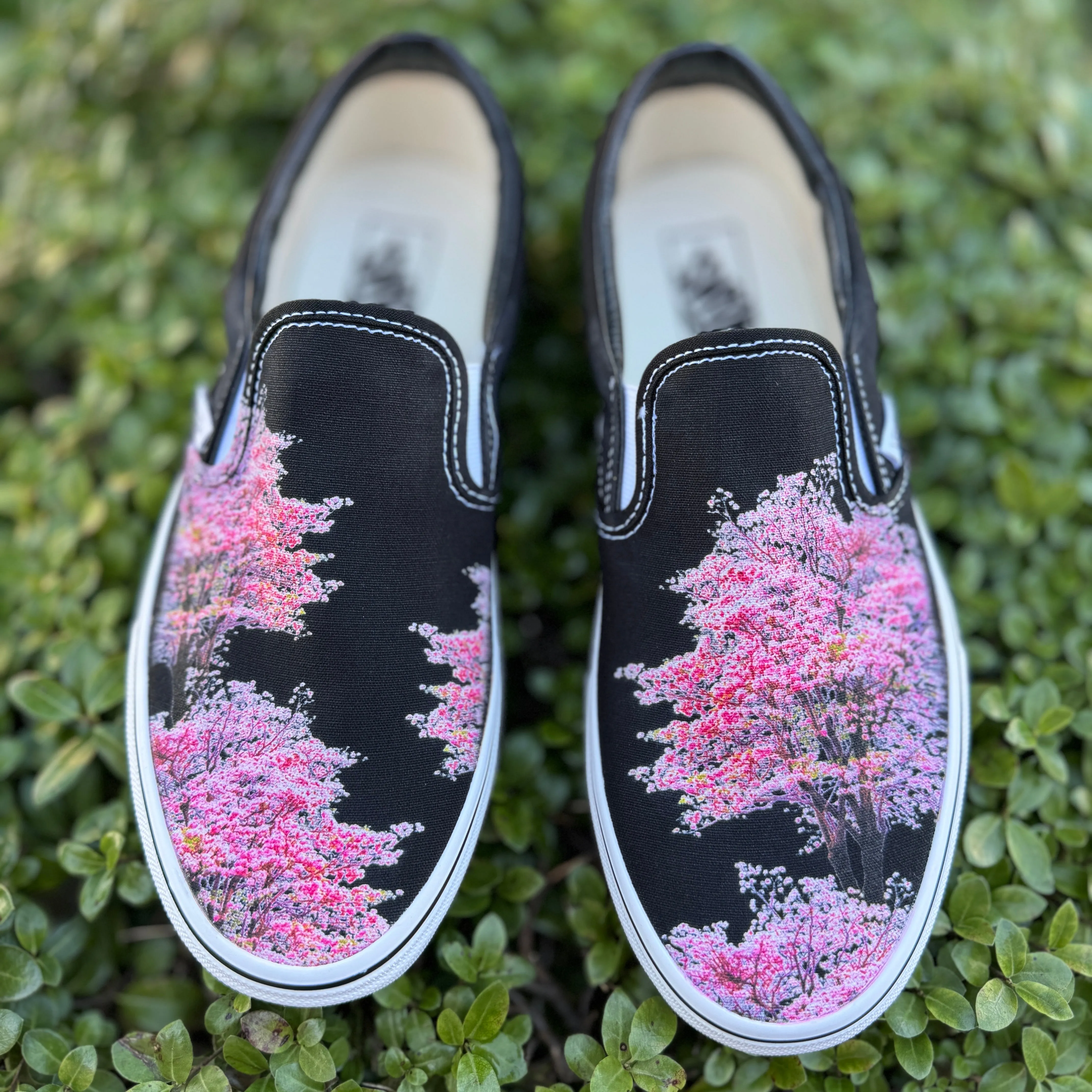 Cherry Blossoms on Custom Black Slip On Vans Shoes for Women and Men