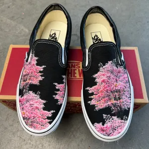 Cherry Blossoms on Custom Black Slip On Vans Shoes for Women and Men