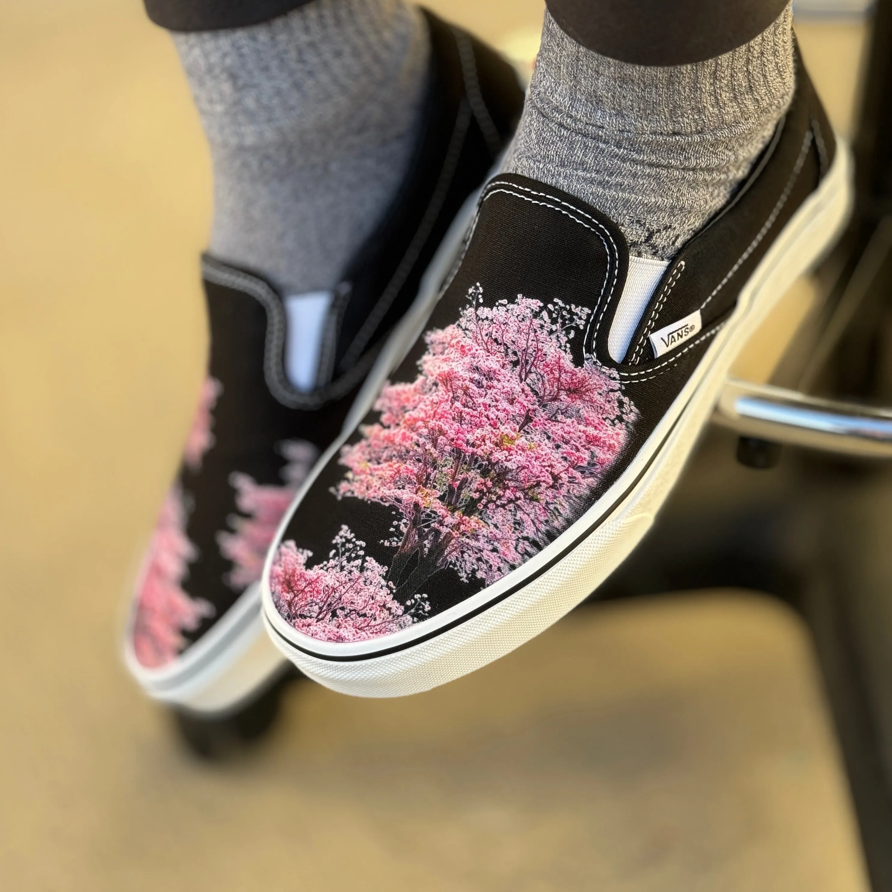 Cherry Blossoms on Custom Black Slip On Vans Shoes for Women and Men