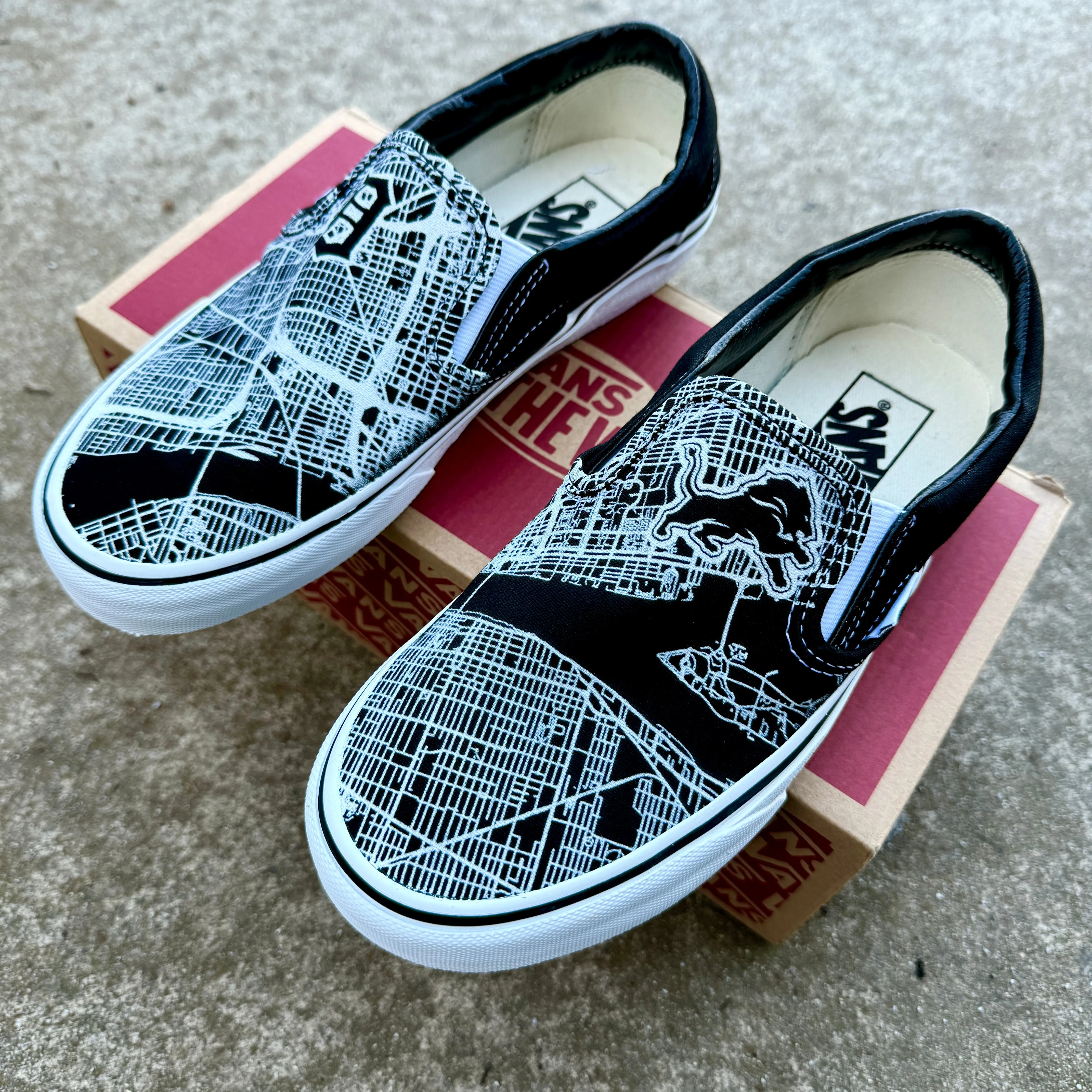 Detroit Inspired Black Vans Slip On Shoes - Custom Vans Shoes for Men and Women