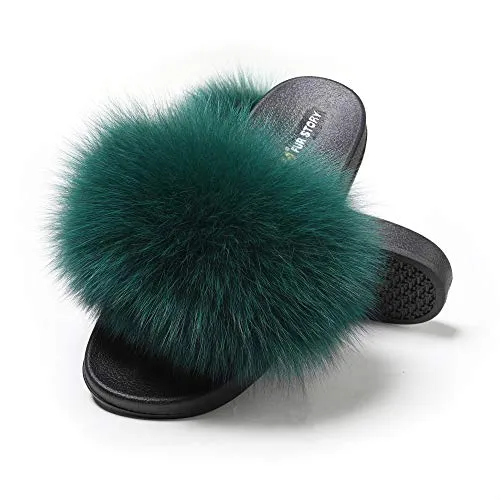 Fur Story Ladies Fox Fur Outdoor Fluffy Slippers