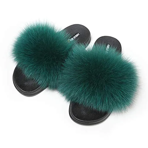 Fur Story Ladies Fox Fur Outdoor Fluffy Slippers