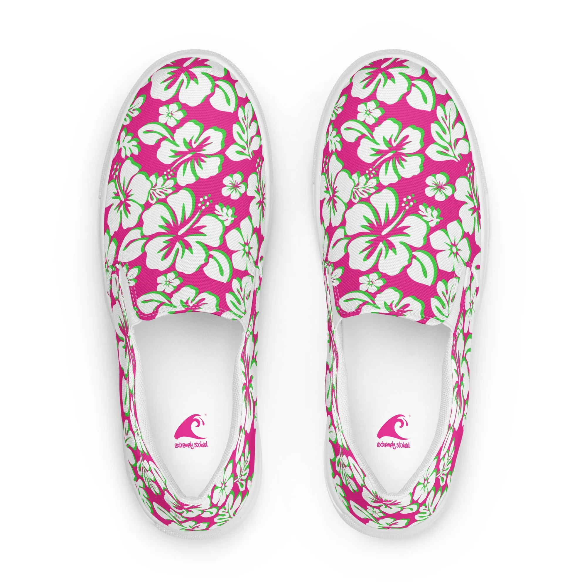 Hot Pink, Lime Green and White Hawaiian Flowers Men’s Slip On Canvas Shoes