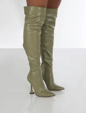 Indica Khaki PU Over The Knee Boots