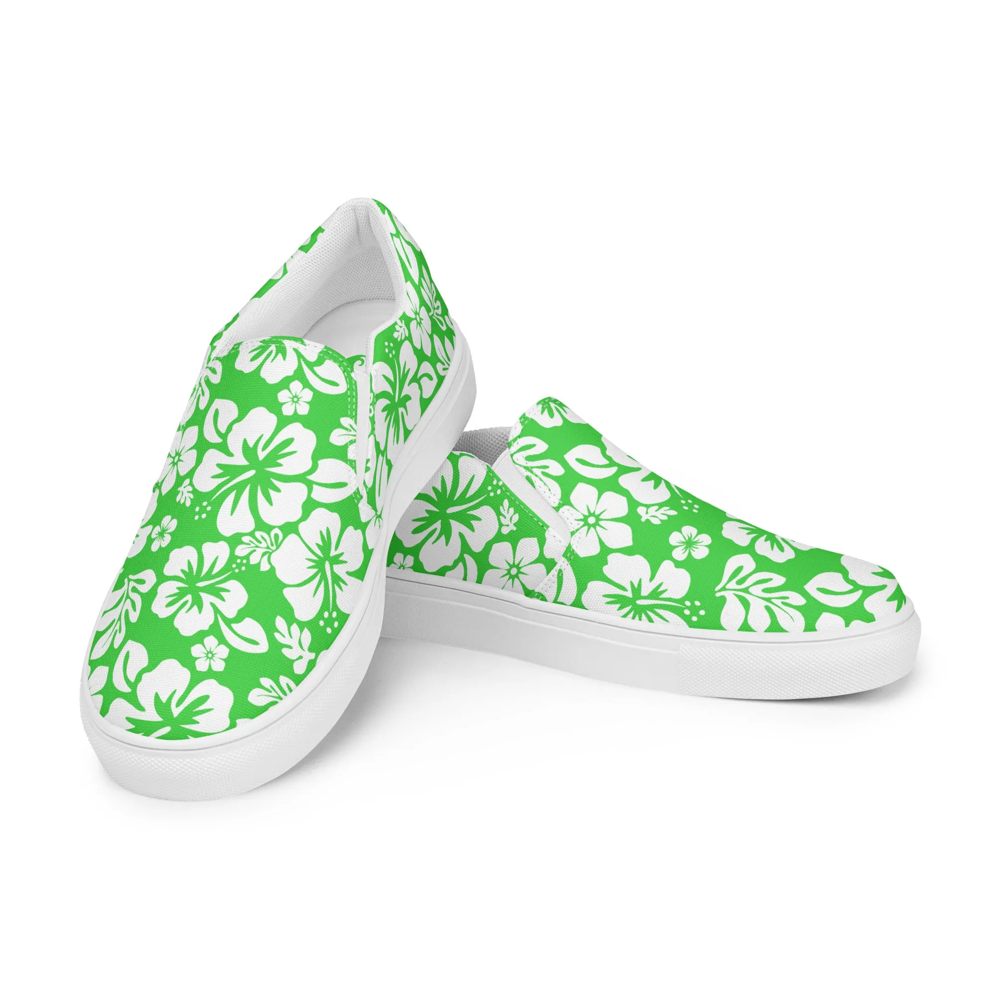 Lime and White Hawaiian Flowers Women's Slip On Canvas Shoes