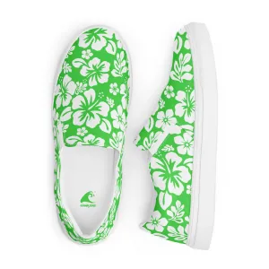 Lime and White Hawaiian Flowers Women's Slip On Canvas Shoes