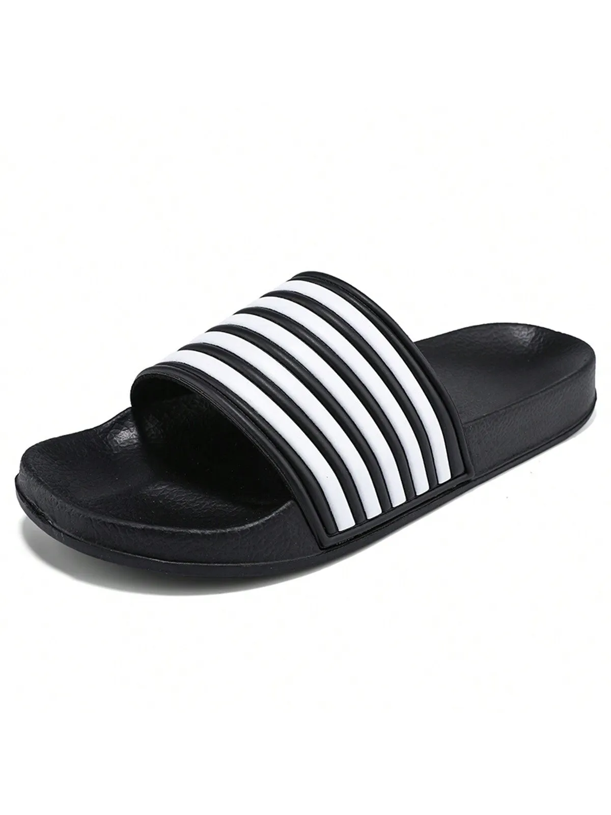 Men's Plus Size Black And White Striped Slippers For Summer, Fashionable Waterproof And Odor-Resistant House Slippers For Indoor And Outdoor Use, Beach Slides