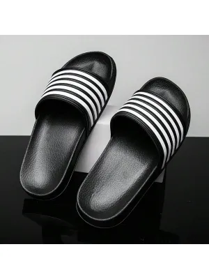 Men's Plus Size Black And White Striped Slippers For Summer, Fashionable Waterproof And Odor-Resistant House Slippers For Indoor And Outdoor Use, Beach Slides