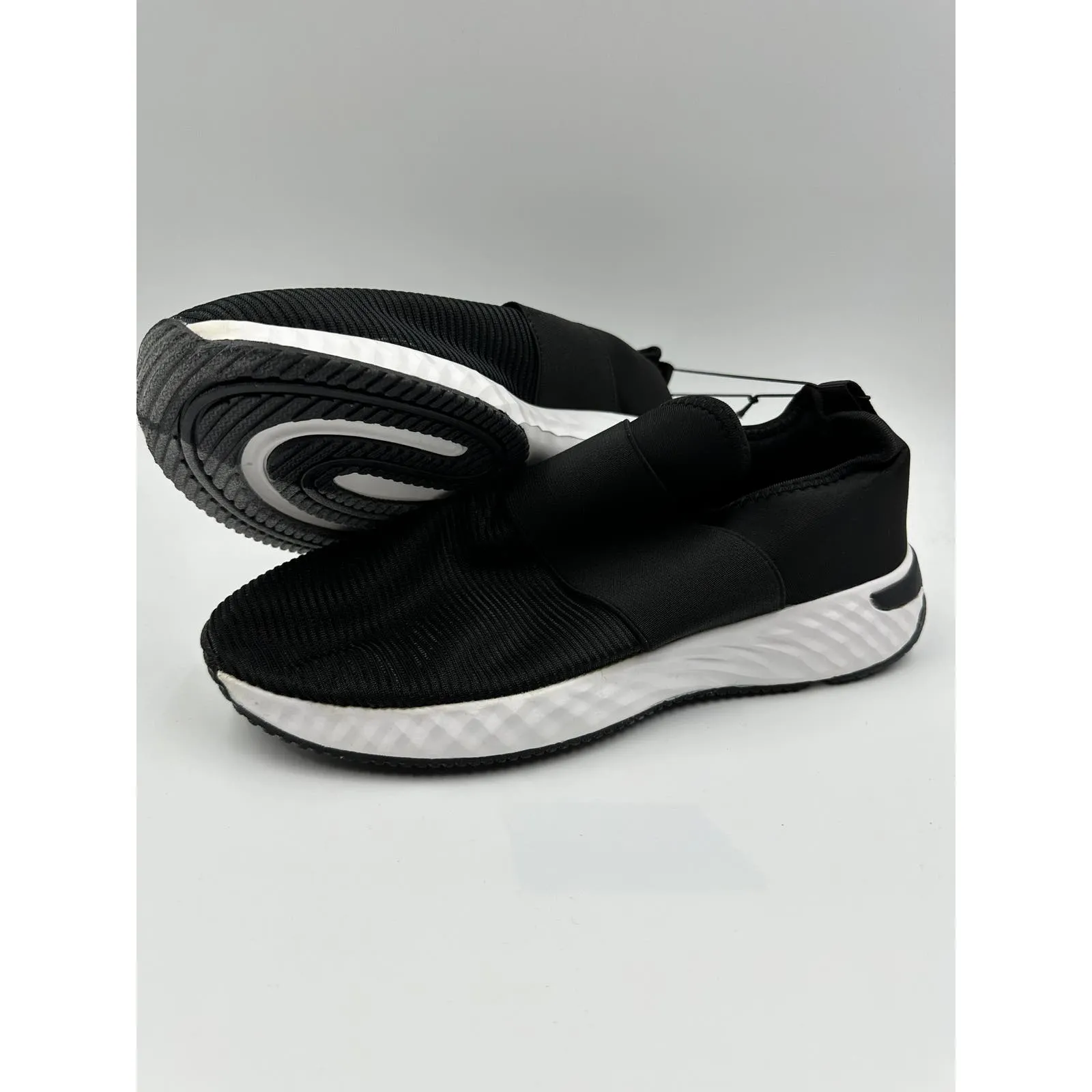 Men's Size 8, Black Slip-on Casual Sneakers with Thick White Sole