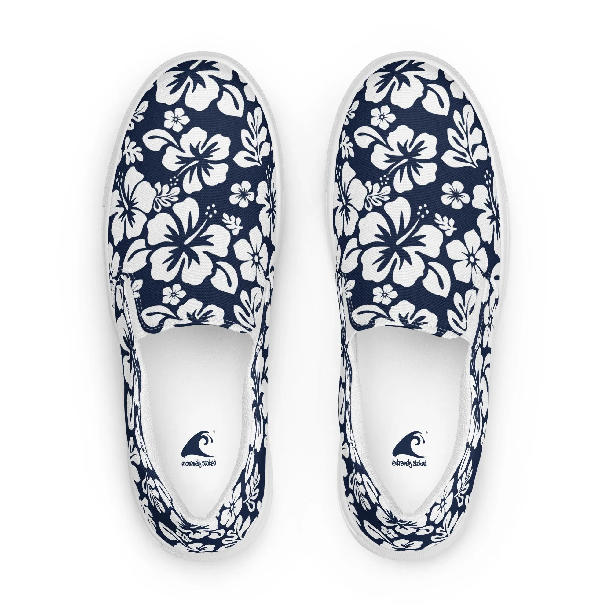 Navy Blue Hawaiian Flowers Men’s Slip On Canvas Shoes