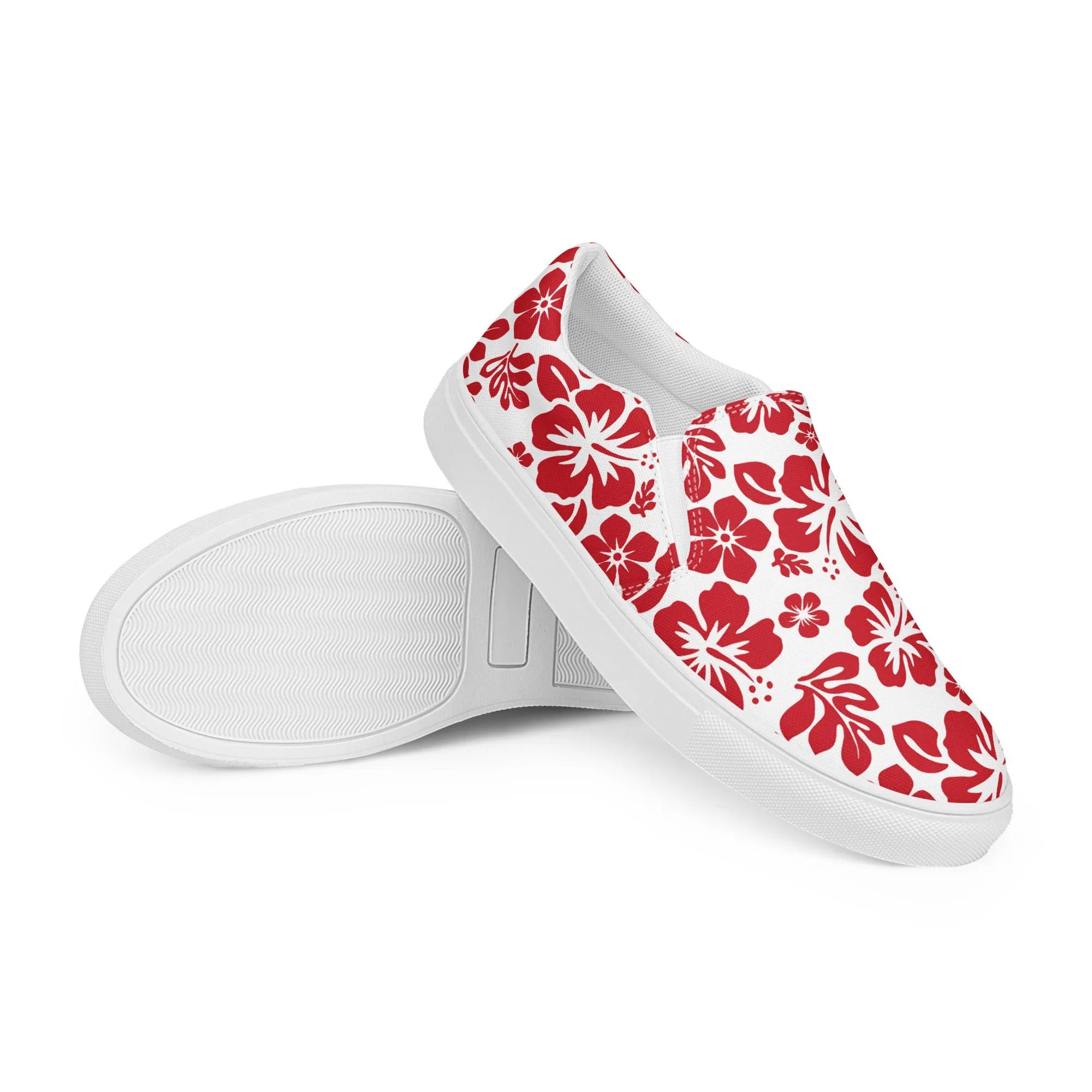 Red and White Hawaiian Flowers Women's Slip On Canvas Shoes