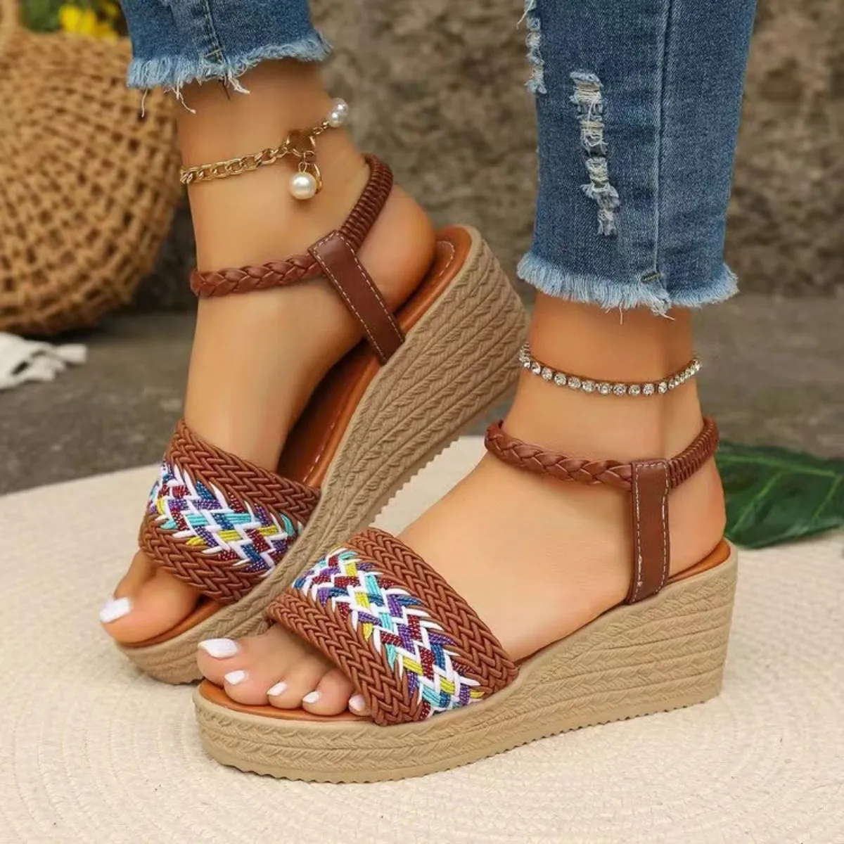 Super Cute Open Toe Wedge Woven Sandals