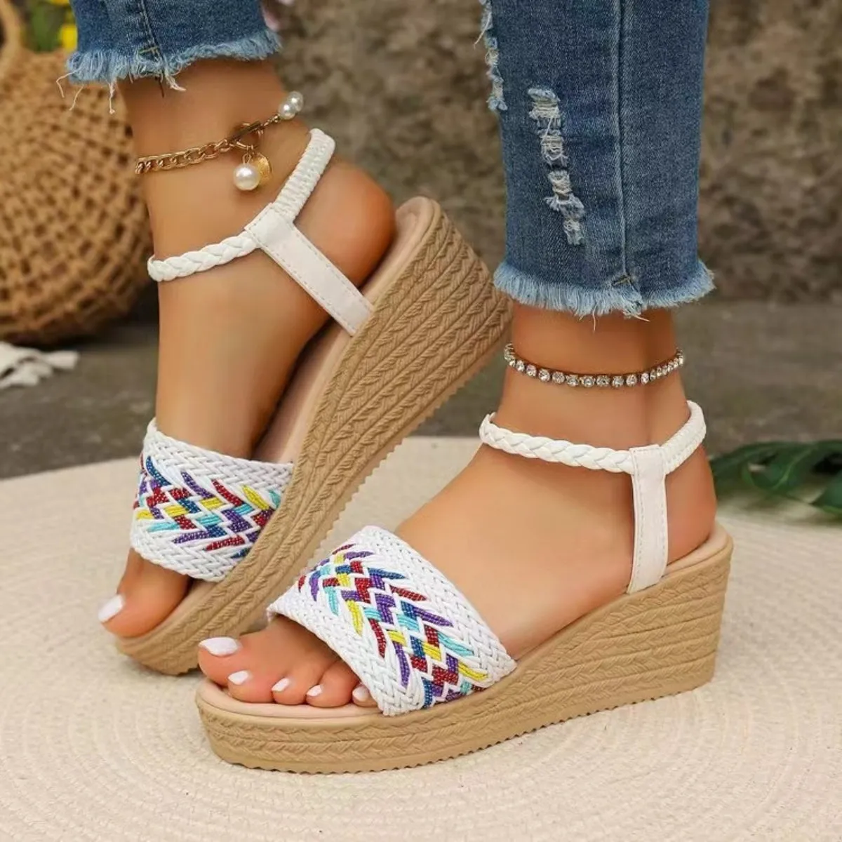 Super Cute Open Toe Wedge Woven Sandals