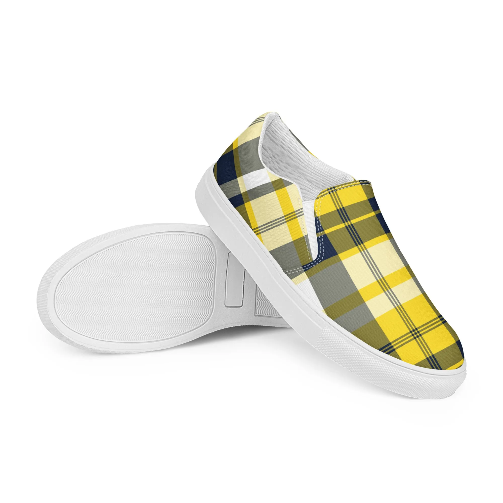 Yellow and Navy Blue Preppy Surfer Plaid Women's Slip On Canvas Shoes