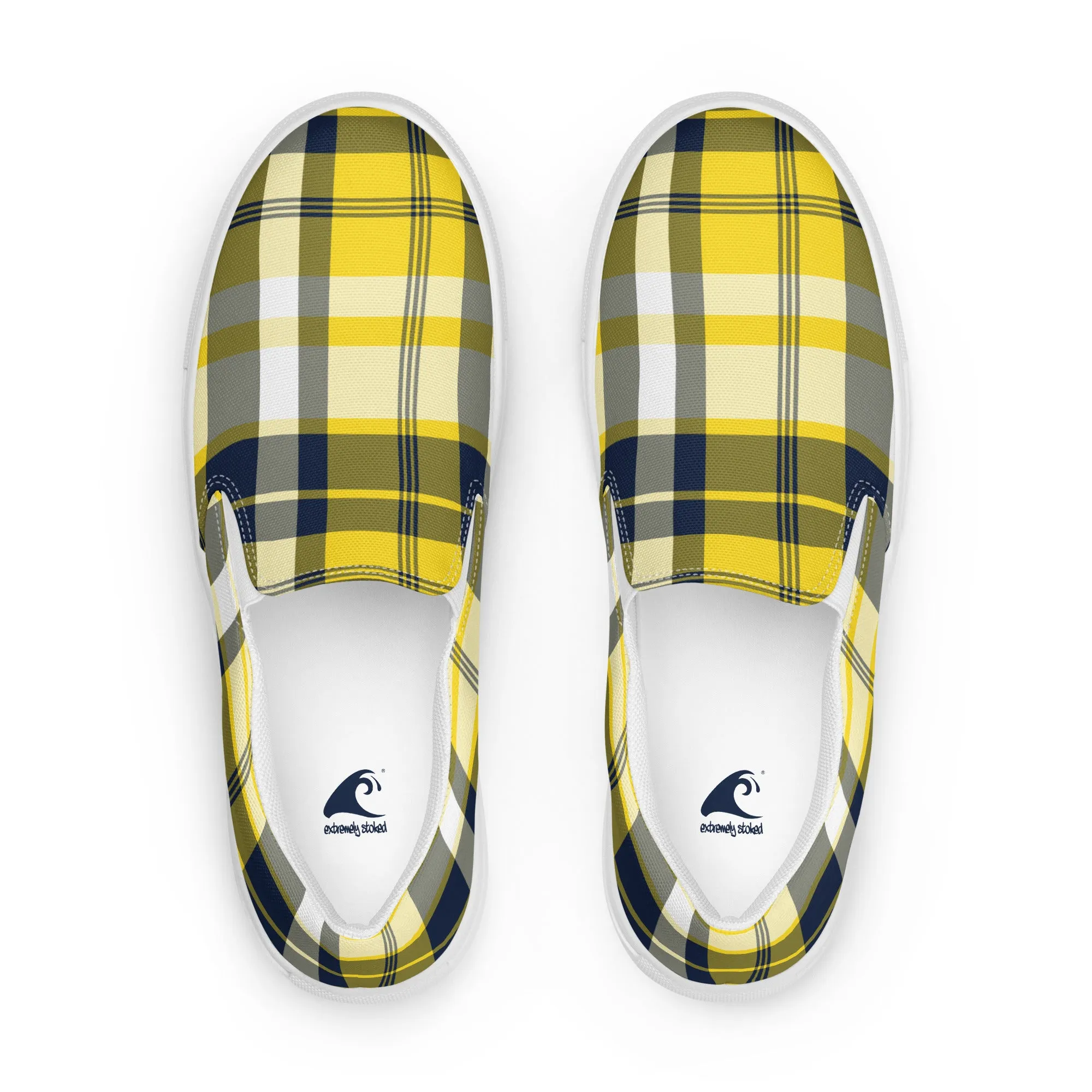 Yellow and Navy Blue Preppy Surfer Plaid Women's Slip On Canvas Shoes